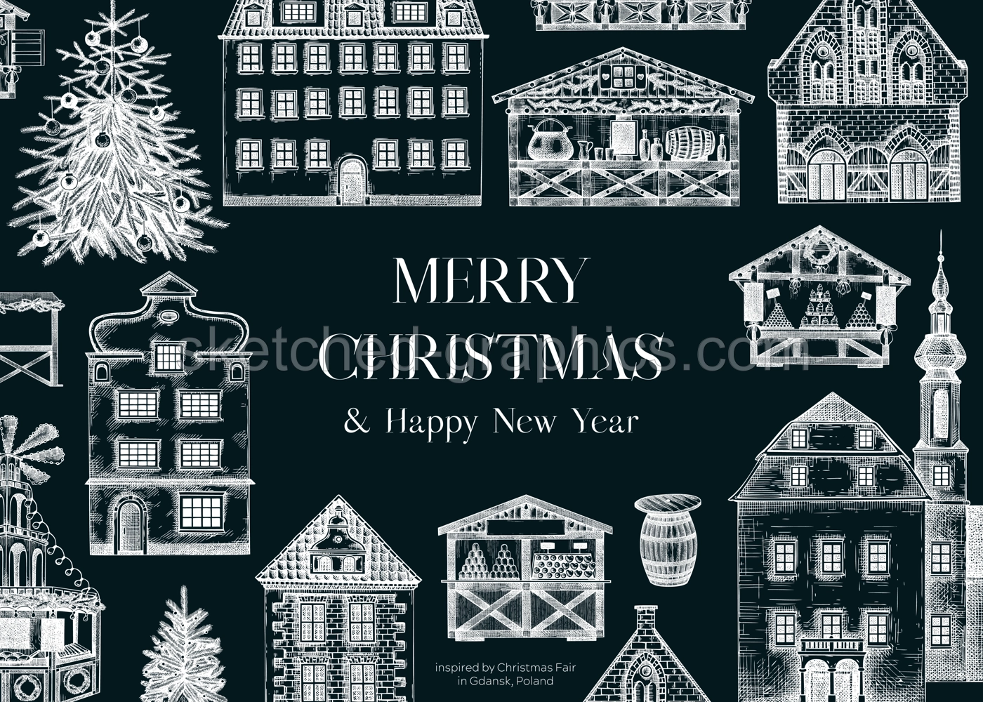Vintage Christmas frame design. Architecture sketch on chalkboard. European fair background. Christmas market hand-drawn vector illustration. NOT AI generated Illustration